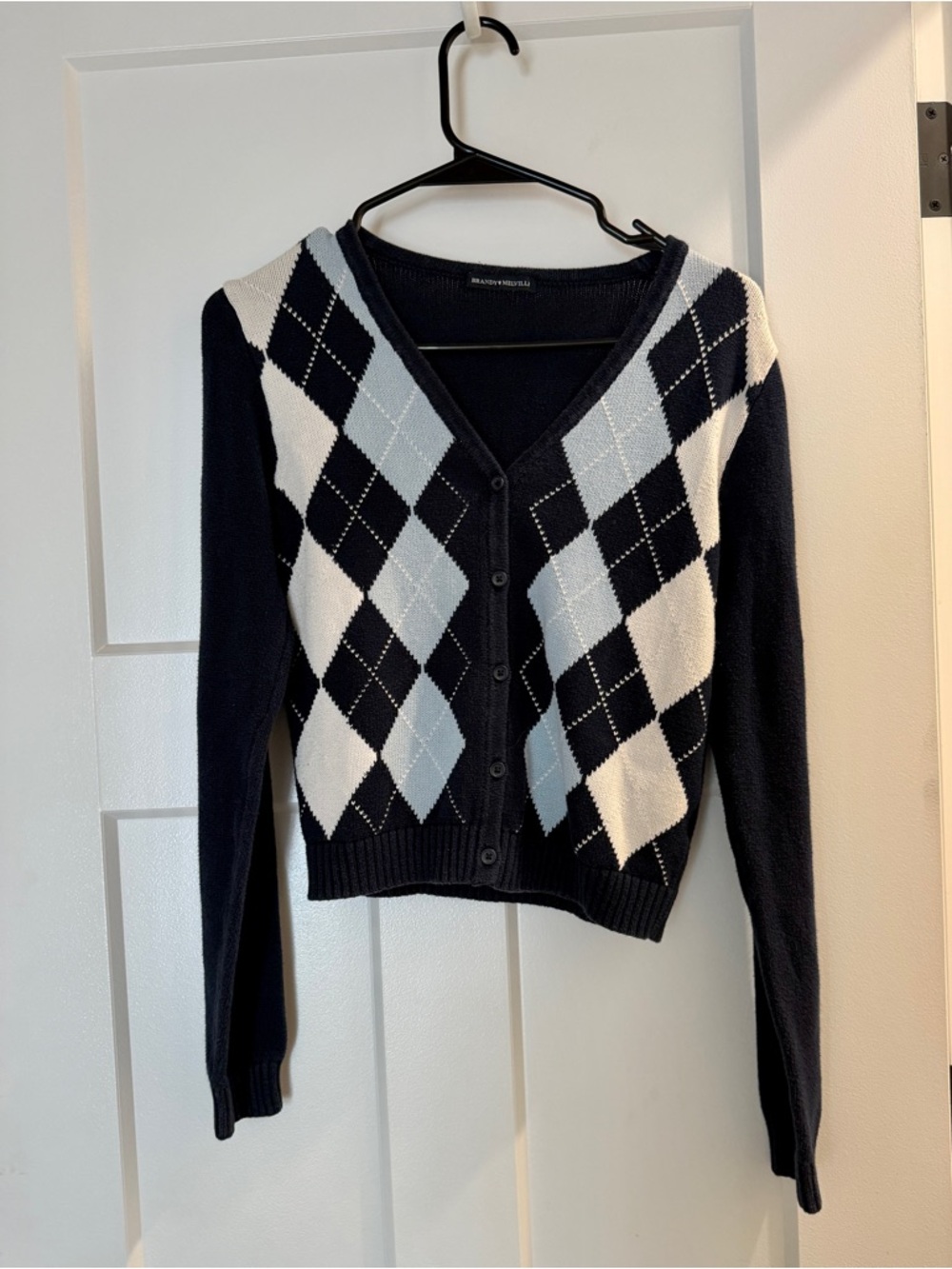 Brandy Melville Navy, White Argyle V-Neck Button Cardigan